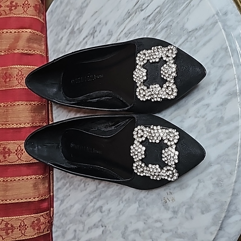 Evening Shoes Black Satin Pointed Toe Metal Details Rhinestone Size 6.5